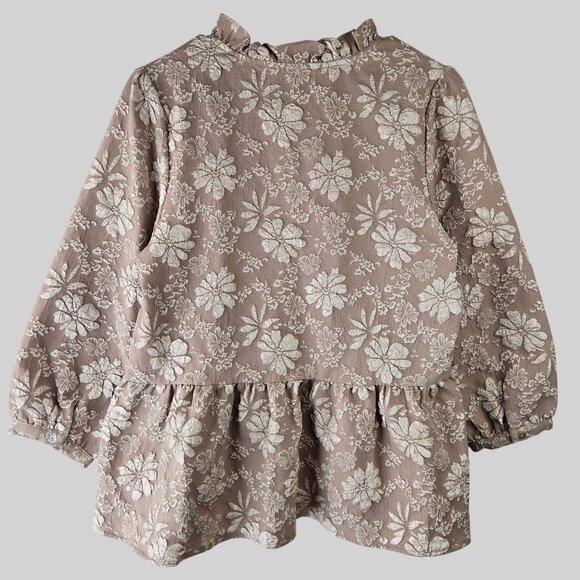 Entro VIctorian Blouse Sz Small Tan Floral Embroidred Boho Oversized Peplum Top - Picture 2 of 13